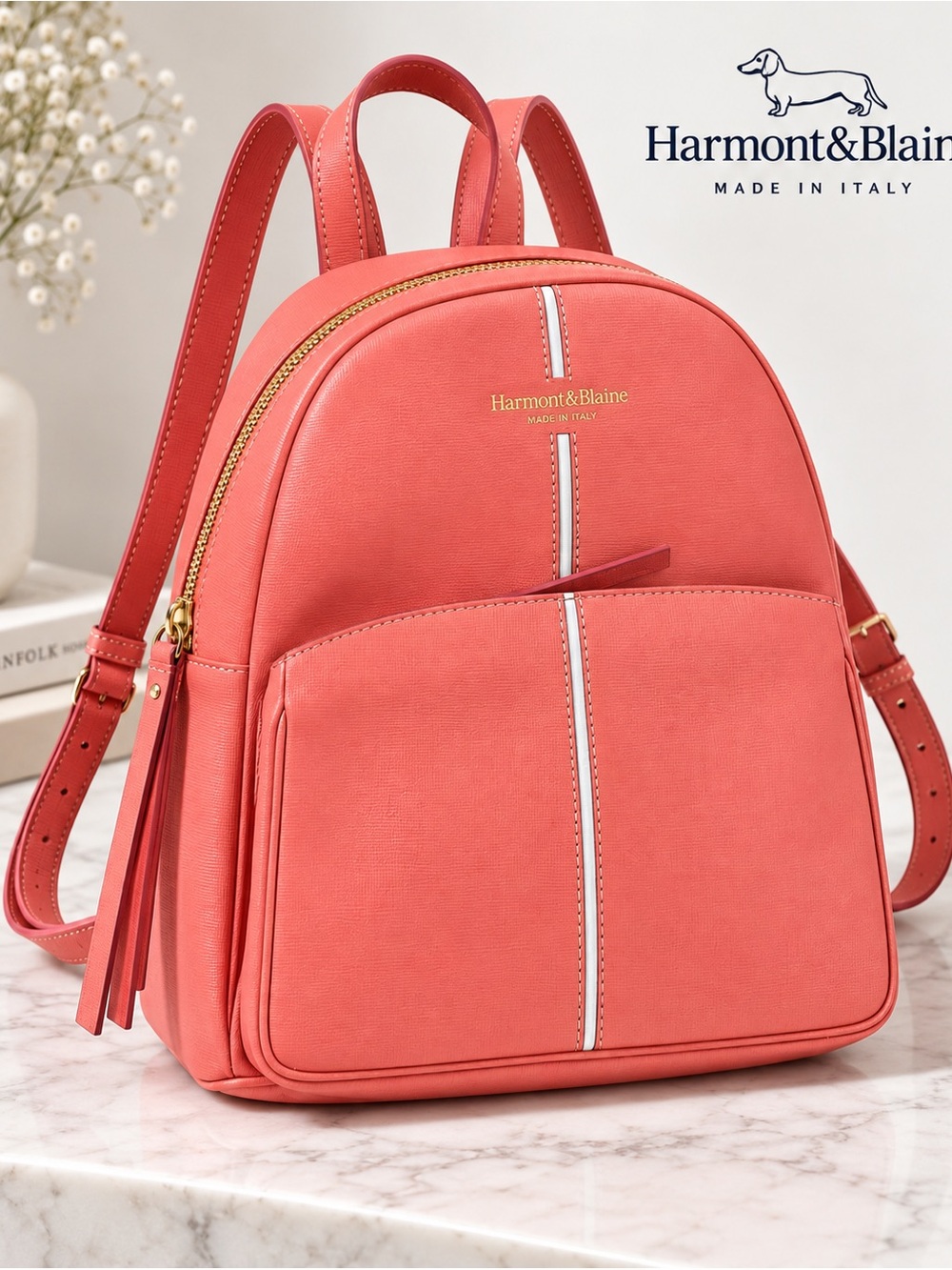 Harmont & Blaine Made in Italy Coral Pink Backpack Gold Hardware